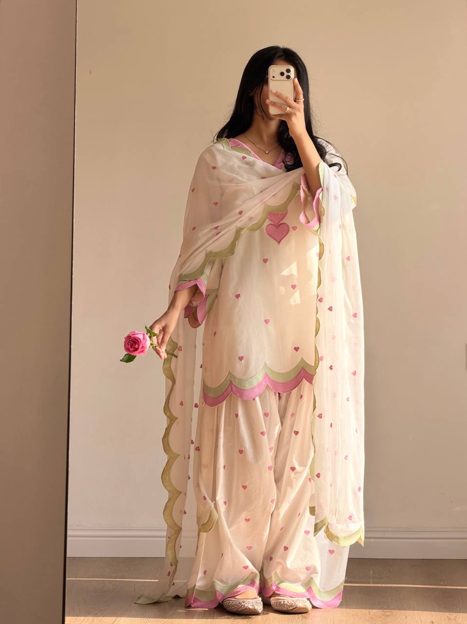 White Mal Chanderi Cotton Embroidered Farshi Salwar Suit Set with Scalloped Dupatta