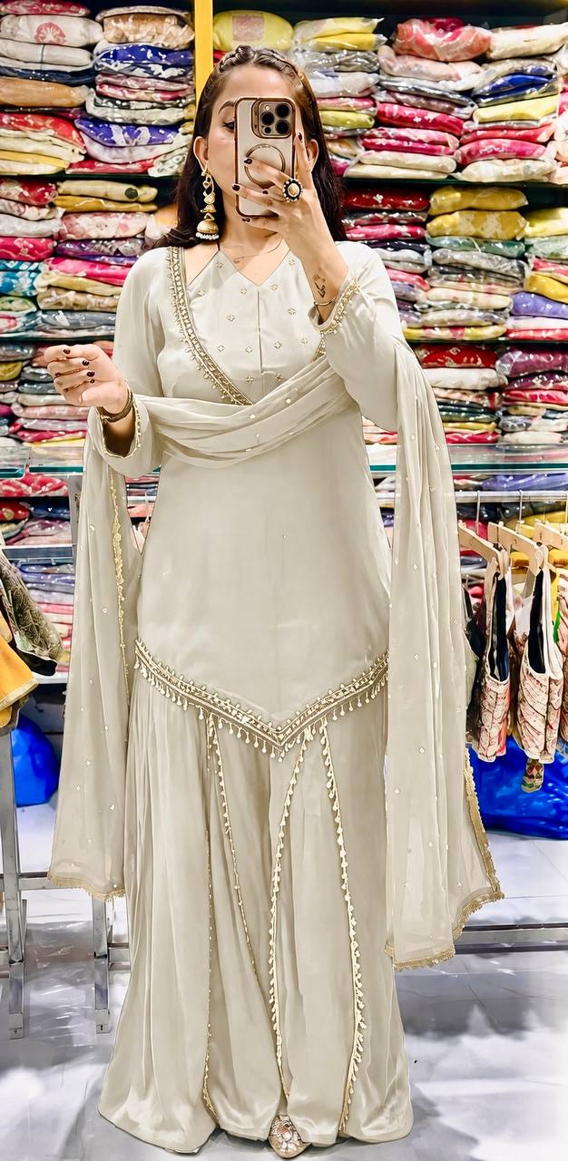 Bollywood Style Off-White Roman Glass Sharara Set