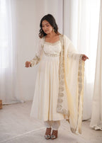 Ivory White Roman Silk Embroidered Anarkali Gown Suit Set with Dupatta