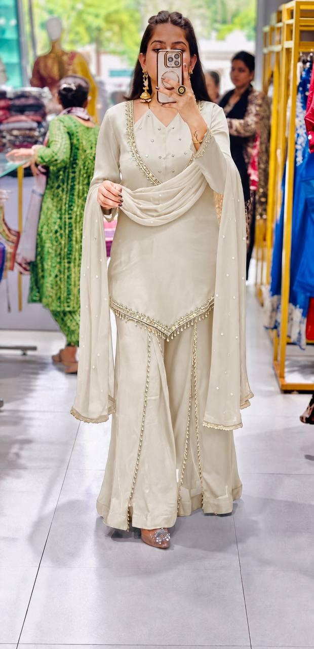 Bollywood Style Off-White Roman Glass Sharara Set
