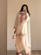 White Mal Chanderi Cotton Embroidered Farshi Salwar Suit Set with Scalloped Dupatta