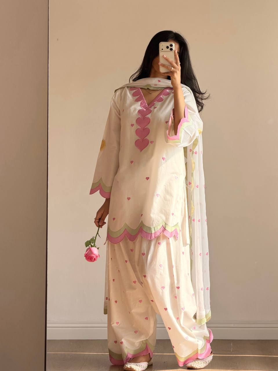 White Mal Chanderi Cotton Embroidered Farshi Salwar Suit Set with Scalloped Dupatta