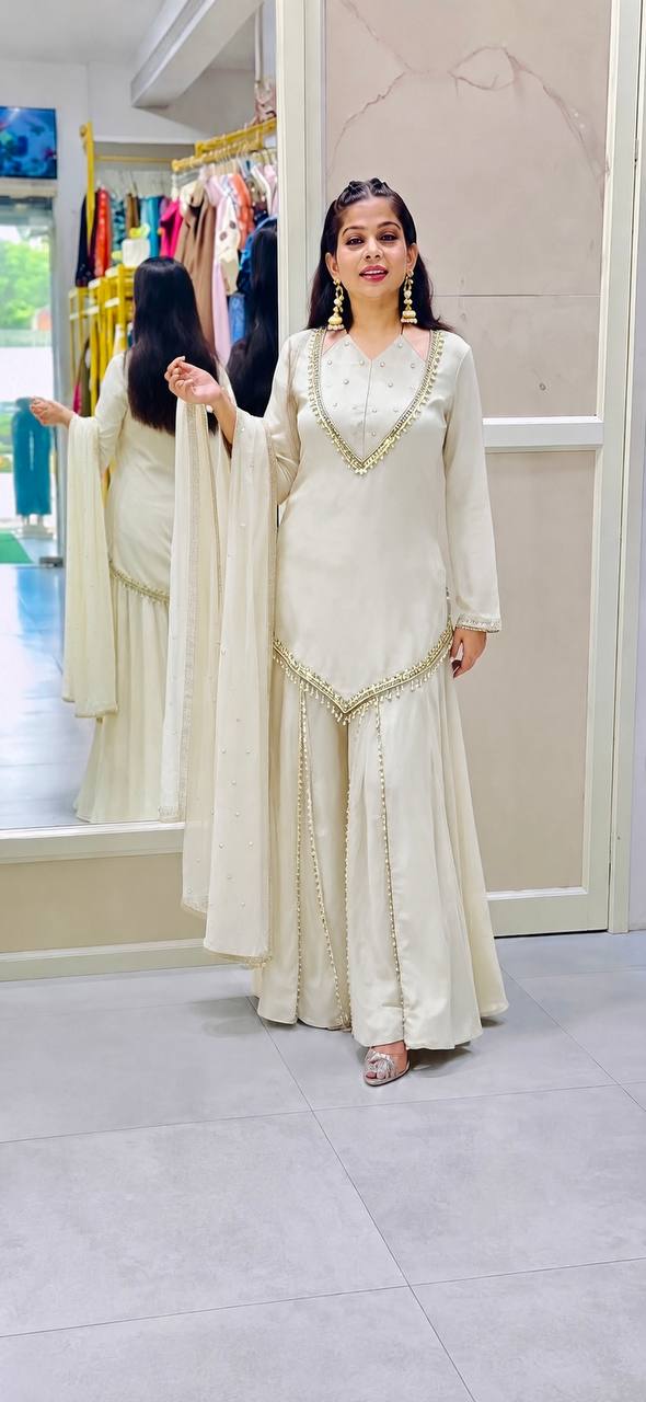 Bollywood Style Off-White Roman Glass Sharara Set