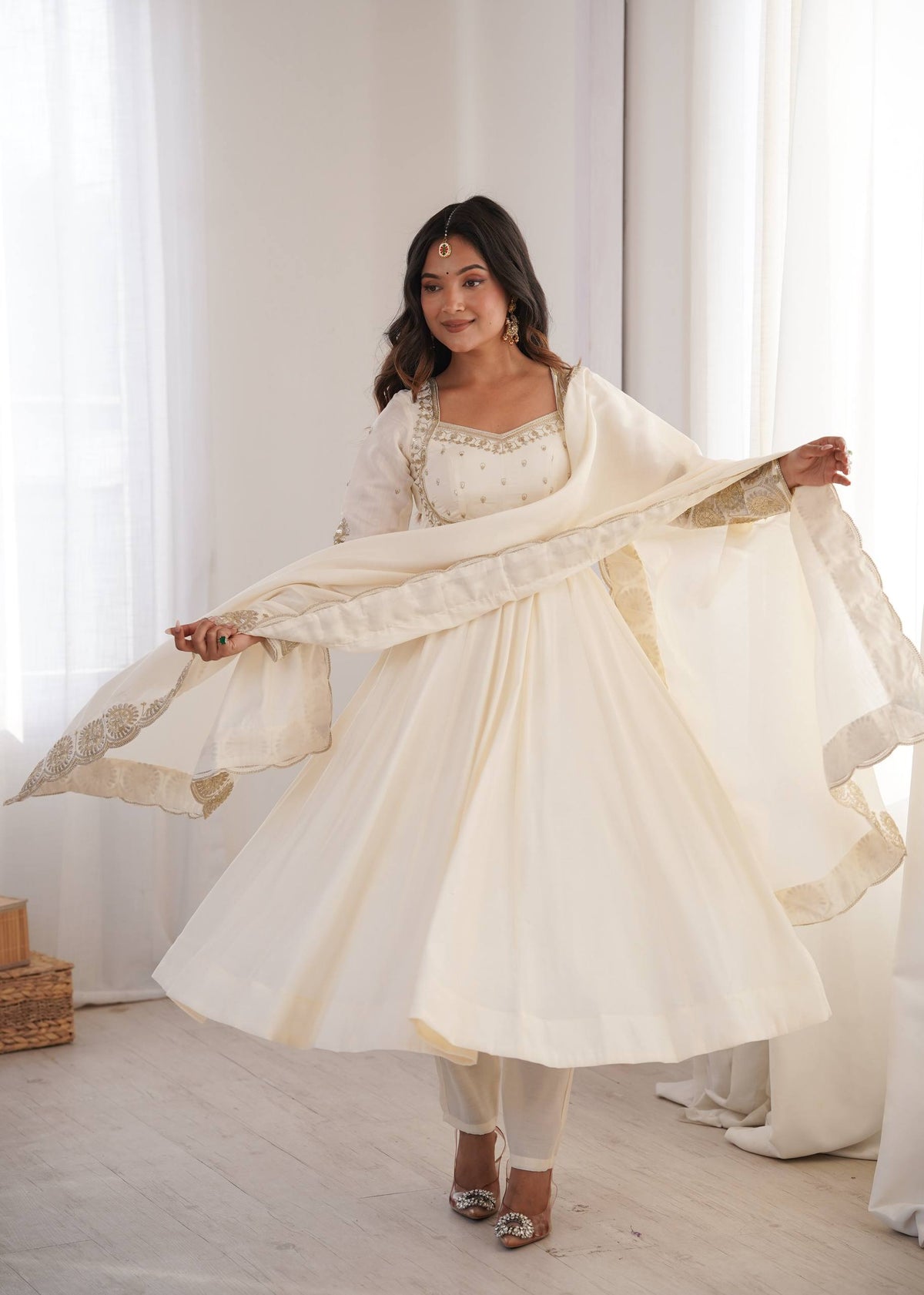 Ivory White Roman Silk Embroidered Anarkali Gown Suit Set with Dupatta