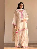 White Mal Chanderi Cotton Embroidered Farshi Salwar Suit Set with Scalloped Dupatta