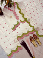 White Mal Chanderi Cotton Embroidered Farshi Salwar Suit Set with Scalloped Dupatta