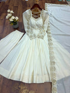 Ivory White Roman Silk Embroidered Anarkali Gown Suit Set with Dupatta