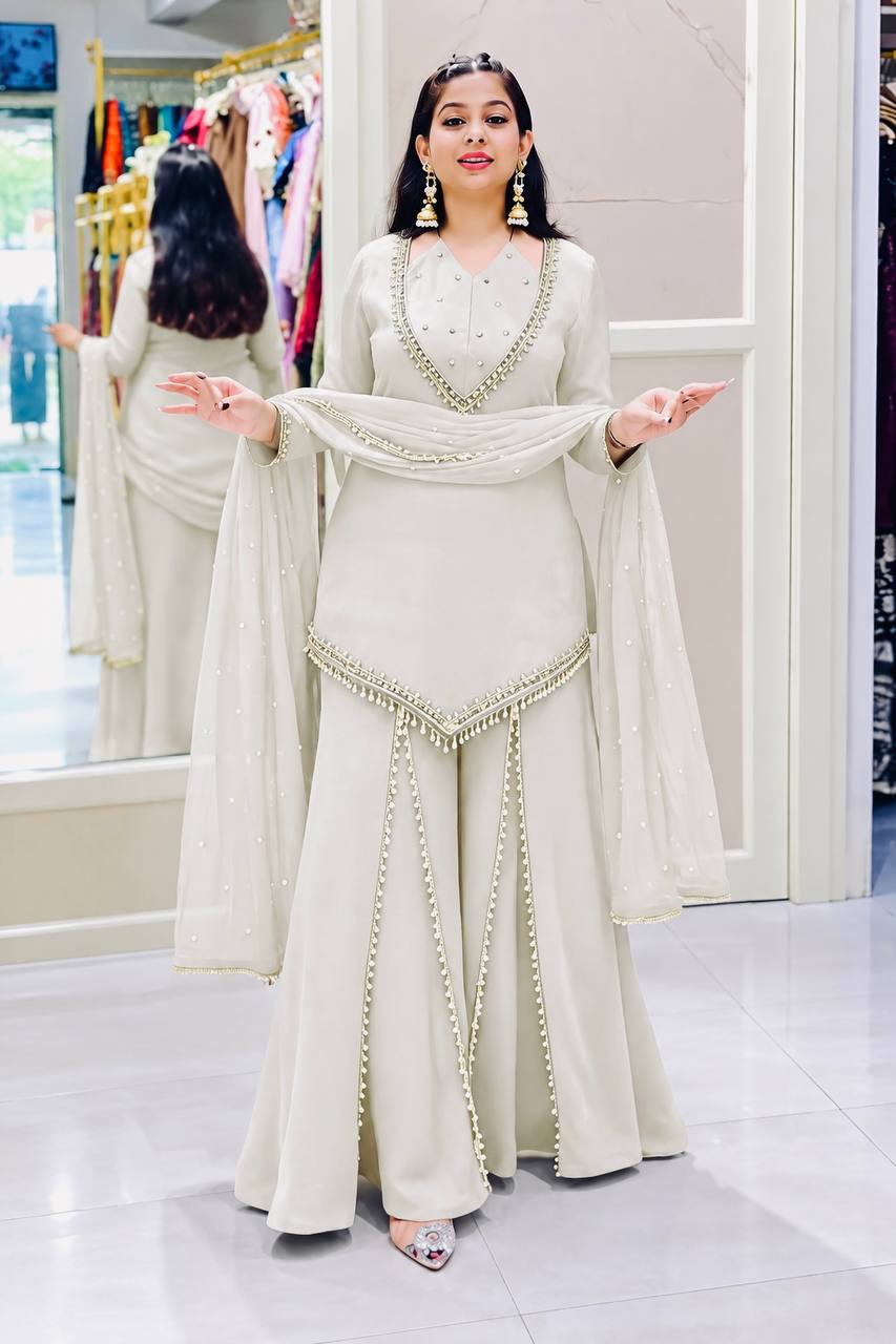 Bollywood Style Off-White Roman Glass Sharara Set