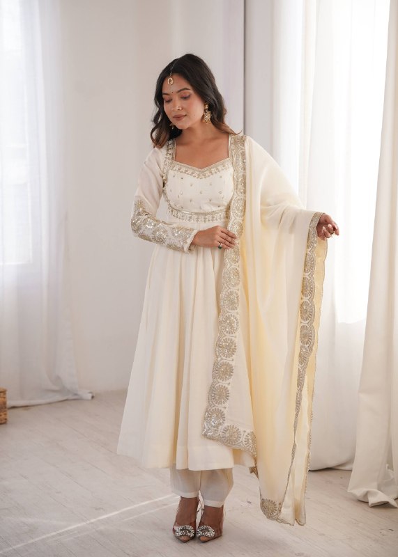 Ivory White Roman Silk Embroidered Anarkali Gown Suit Set with Dupatta