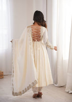 Ivory White Roman Silk Embroidered Anarkali Gown Suit Set with Dupatta
