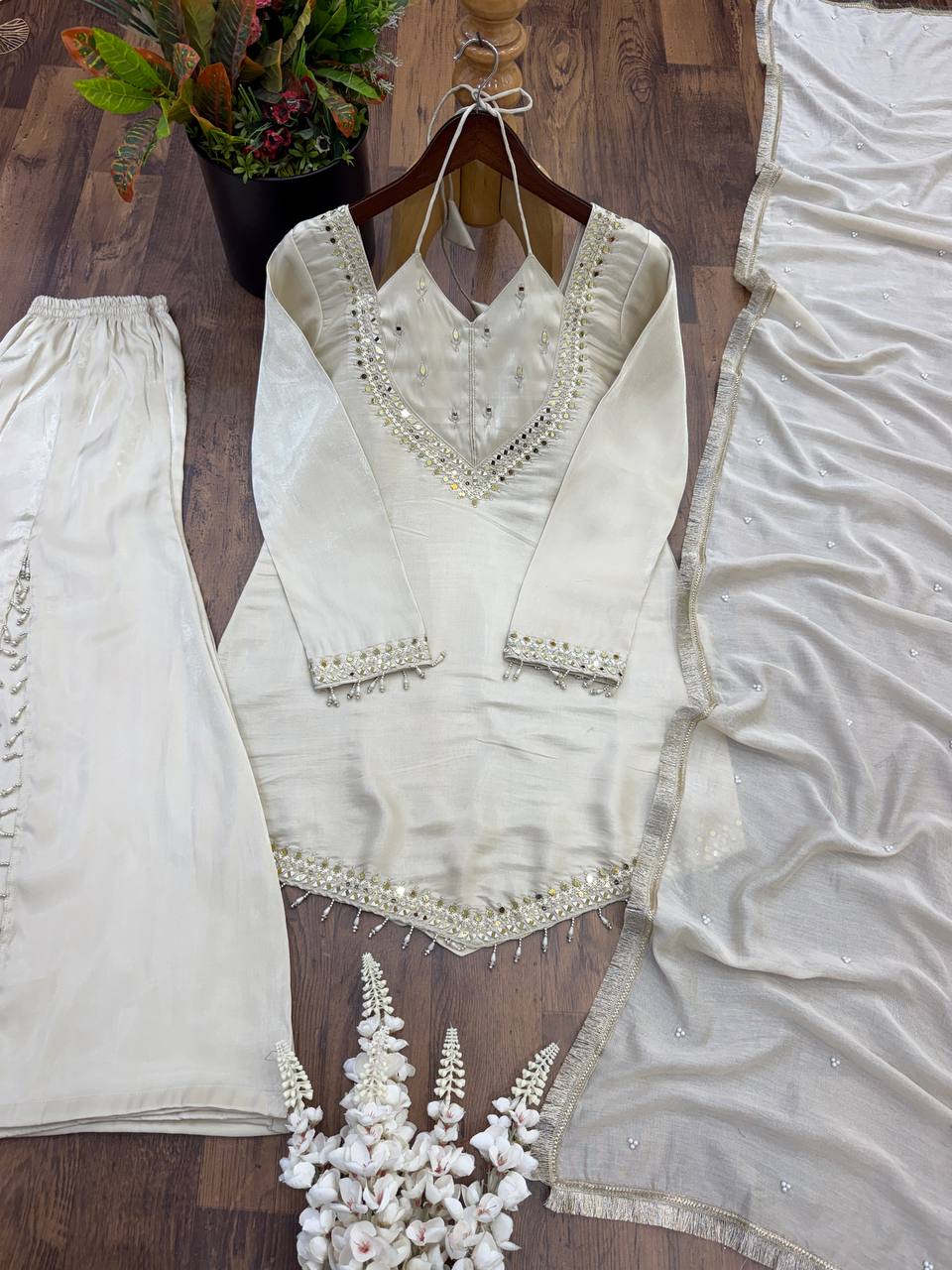 Bollywood Style Off-White Roman Glass Sharara Set
