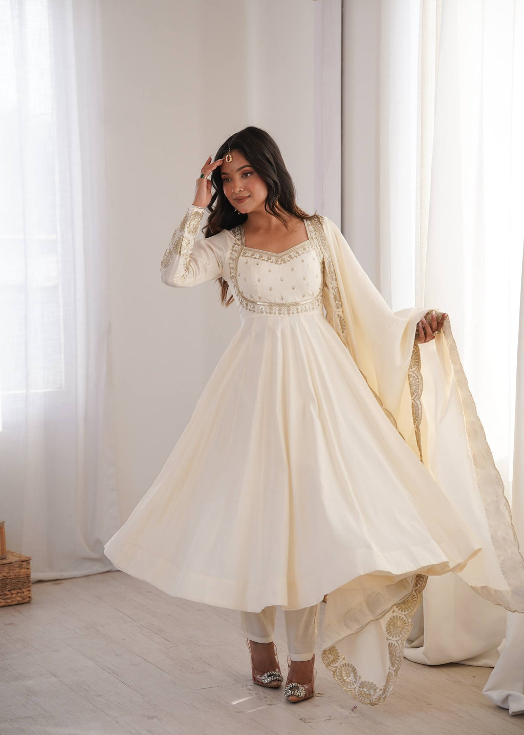 Ivory White Roman Silk Embroidered Anarkali Gown Suit Set with Dupatta
