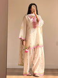 White Mal Chanderi Cotton Embroidered Farshi Salwar Suit Set with Scalloped Dupatta
