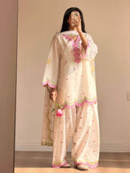 White Mal Chanderi Cotton Embroidered Farshi Salwar Suit Set with Scalloped Dupatta