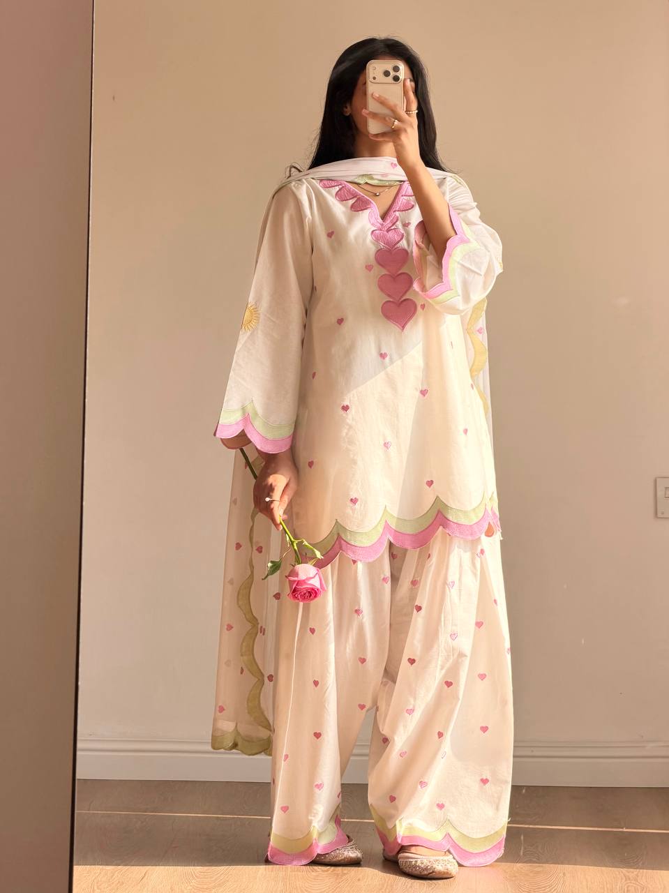 White Mal Chanderi Cotton Embroidered Farshi Salwar Suit Set with Scalloped Dupatta