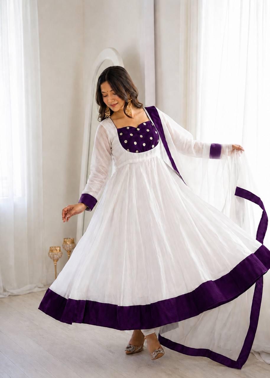 White Silk Blend Embroidered Flared Anarkali Gown Set With a Contrast Color Dupatta and Border