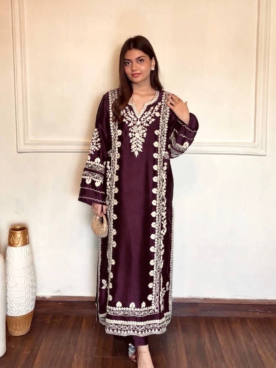 Wine Satin Rayon Embroidered Oversized Long Kaftan Set with Dupatta