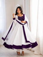 White Silk Blend Embroidered Flared Anarkali Gown Set With a Contrast Color Dupatta and Border