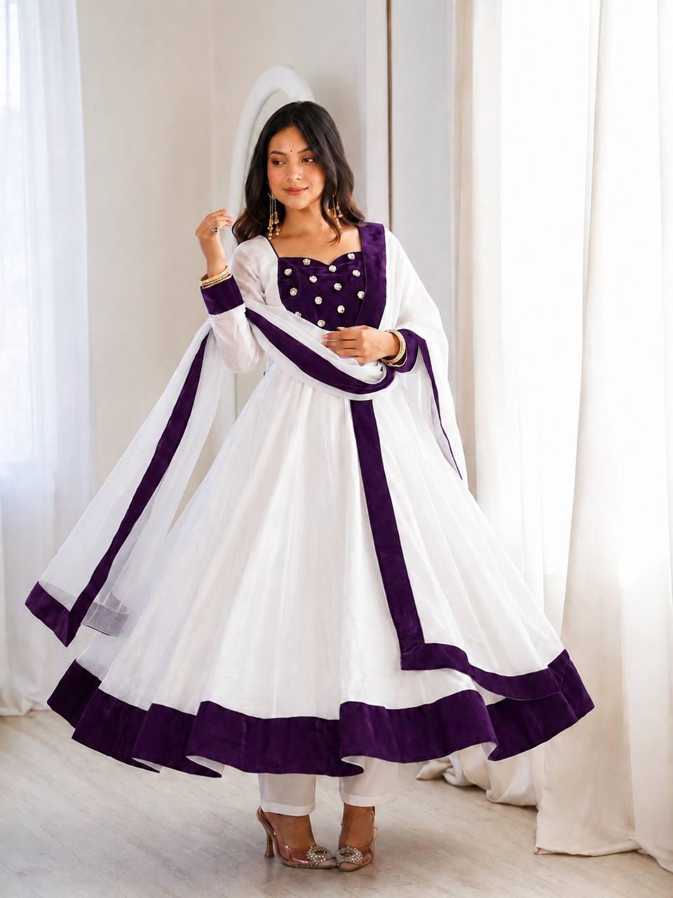 White Silk Blend Embroidered Flared Anarkali Gown Set With a Contrast Color Dupatta and Border