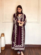 Wine Satin Rayon Embroidered Oversized Long Kaftan Set with Dupatta