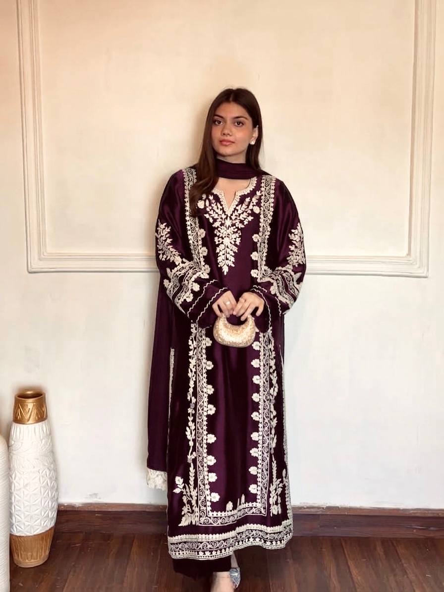Wine Satin Rayon Embroidered Oversized Long Kaftan Set with Dupatta