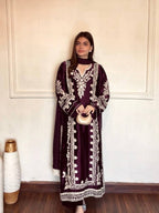 Wine Satin Rayon Embroidered Oversized Long Kaftan Set with Dupatta