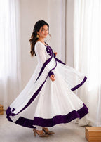 White Silk Blend Embroidered Flared Anarkali Gown Set With a Contrast Color Dupatta and Border