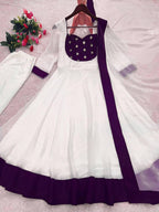 White Silk Blend Embroidered Flared Anarkali Gown Set With a Contrast Color Dupatta and Border