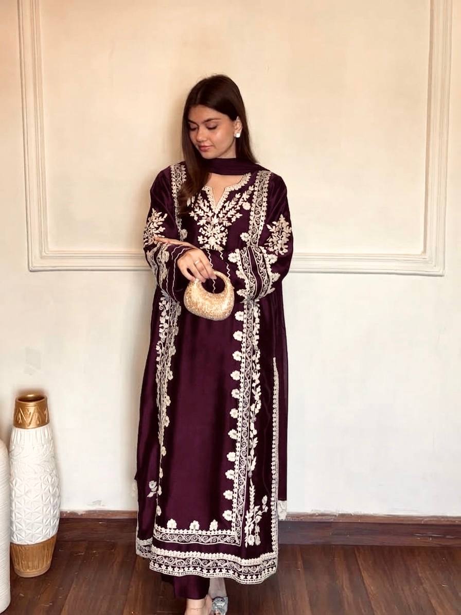Wine Satin Rayon Embroidered Oversized Long Kaftan Set with Dupatta