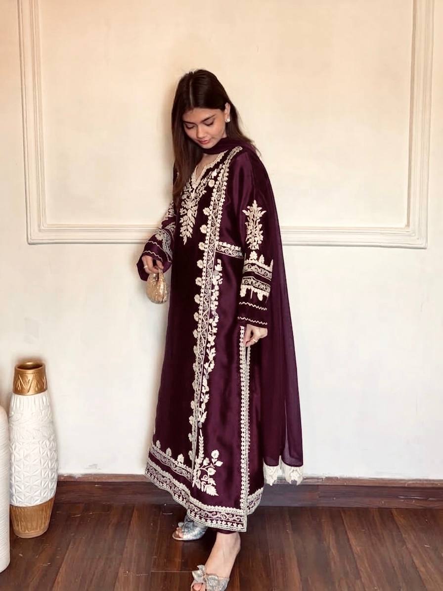 Wine Satin Rayon Embroidered Oversized Long Kaftan Set with Dupatta