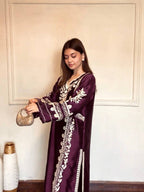Wine Satin Rayon Embroidered Oversized Long Kaftan Set with Dupatta