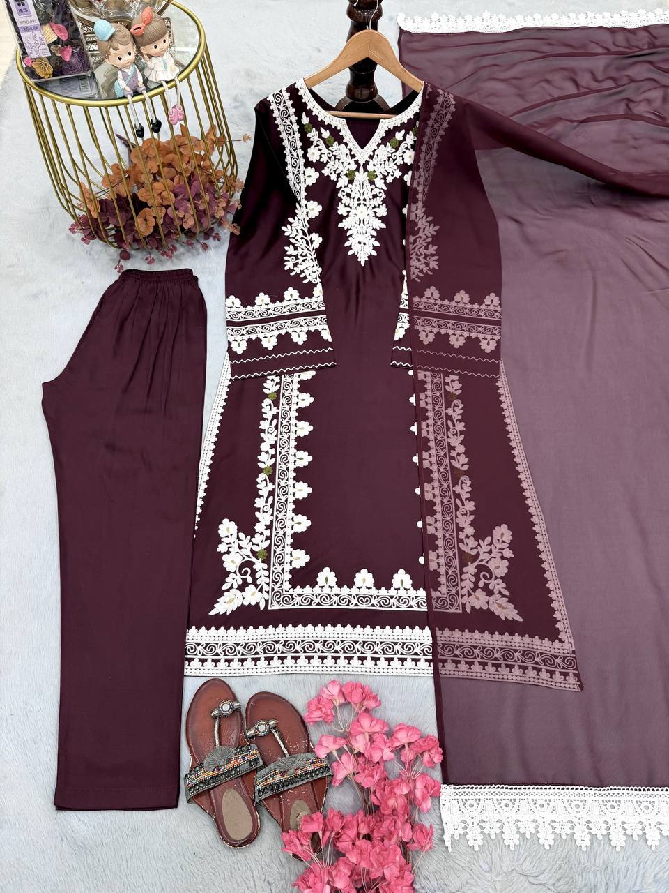 Wine Satin Rayon Embroidered Oversized Long Kaftan Set with Dupatta