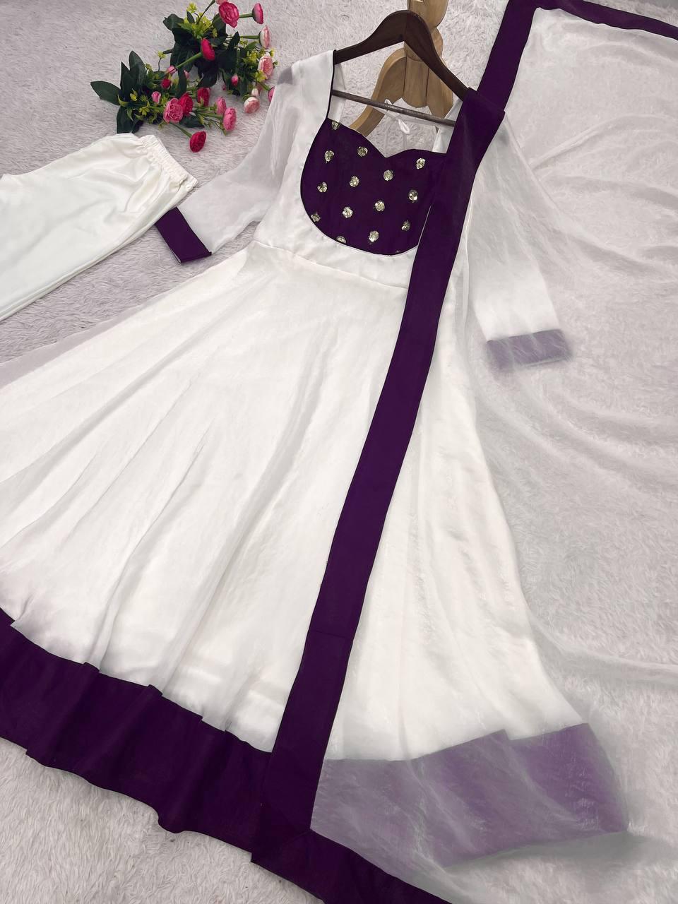 White Silk Blend Embroidered Flared Anarkali Gown Set With a Contrast Color Dupatta and Border