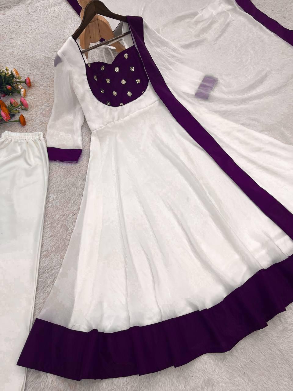 White Silk Blend Embroidered Flared Anarkali Gown Set With a Contrast Color Dupatta and Border