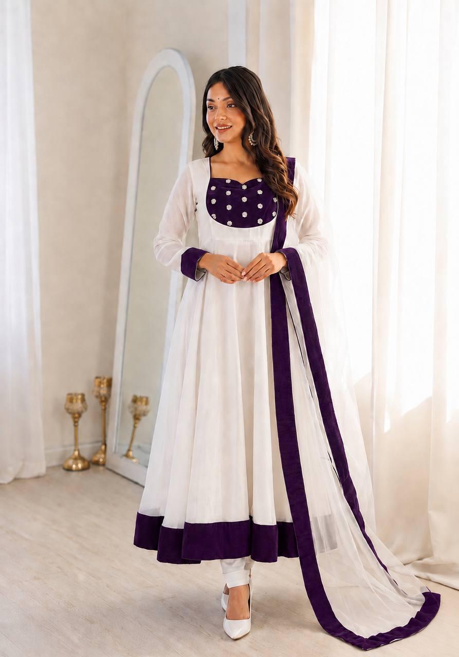 White Silk Blend Embroidered Flared Anarkali Gown Set With a Contrast Color Dupatta and Border