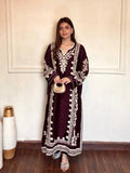 Wine Satin Rayon Embroidered Oversized Long Kaftan Set with Dupatta