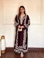Wine Satin Rayon Embroidered Oversized Long Kaftan Set with Dupatta