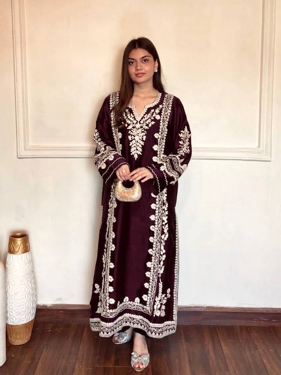 Wine Satin Rayon Embroidered Oversized Long Kaftan Set with Dupatta