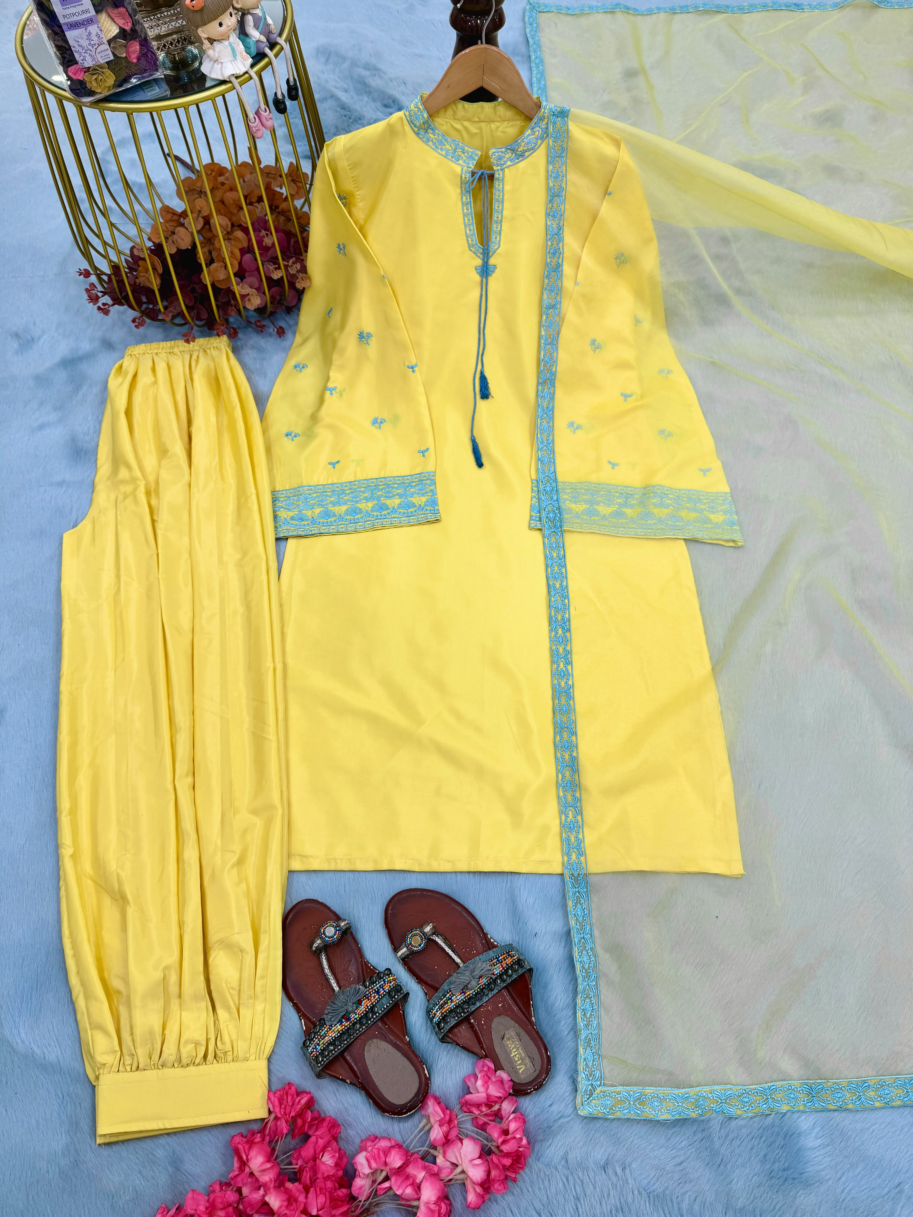 New Designer Party Wear Look Pure Natural Crep Sillk Top & Balloon Pants With Dupatta Set