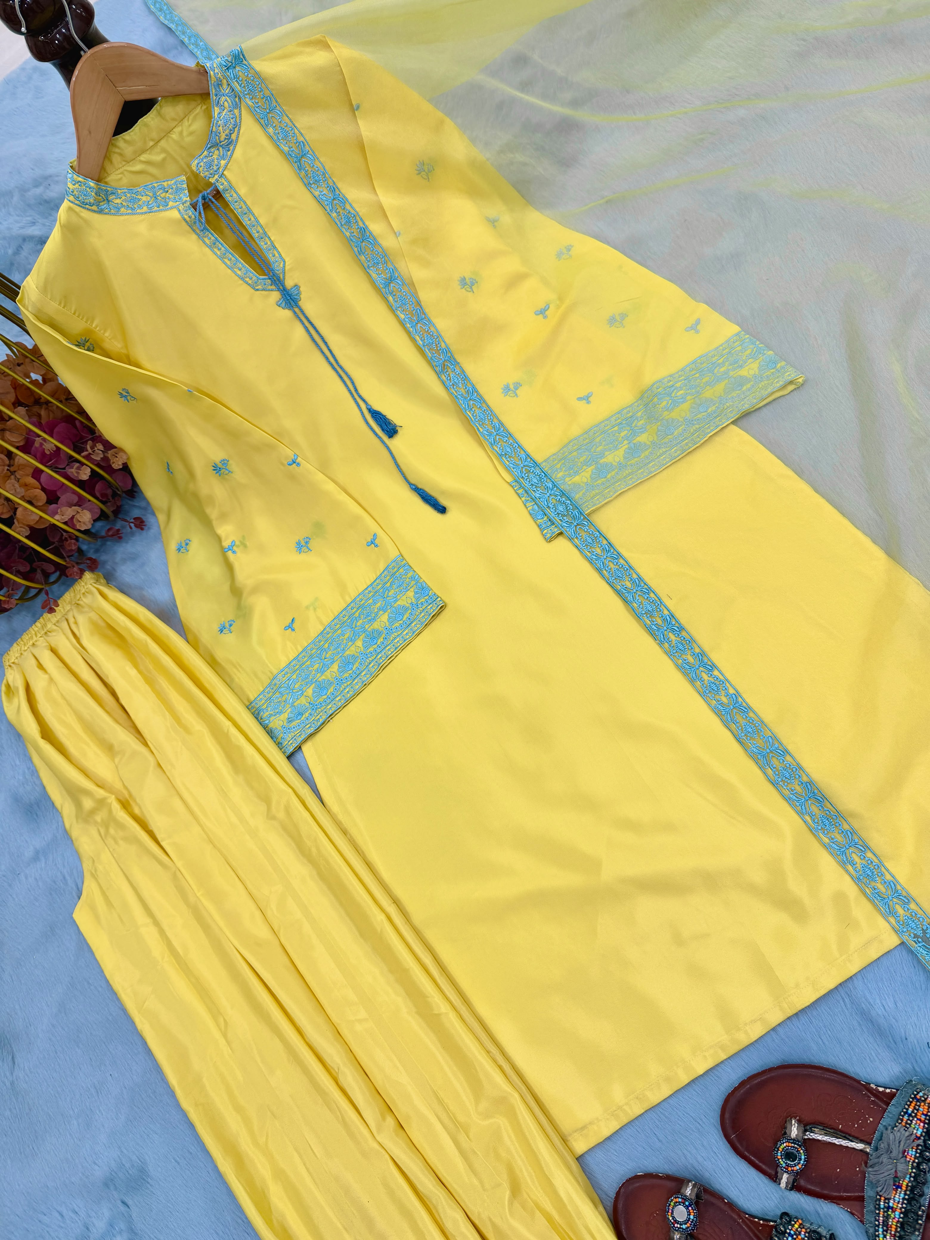 New Designer Party Wear Look Pure Natural Crep Sillk Top & Balloon Pants With Dupatta Set