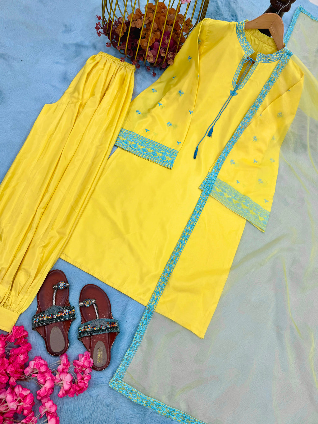 New Designer Party Wear Look Pure Natural Crep Sillk Top & Balloon Pants With Dupatta Set