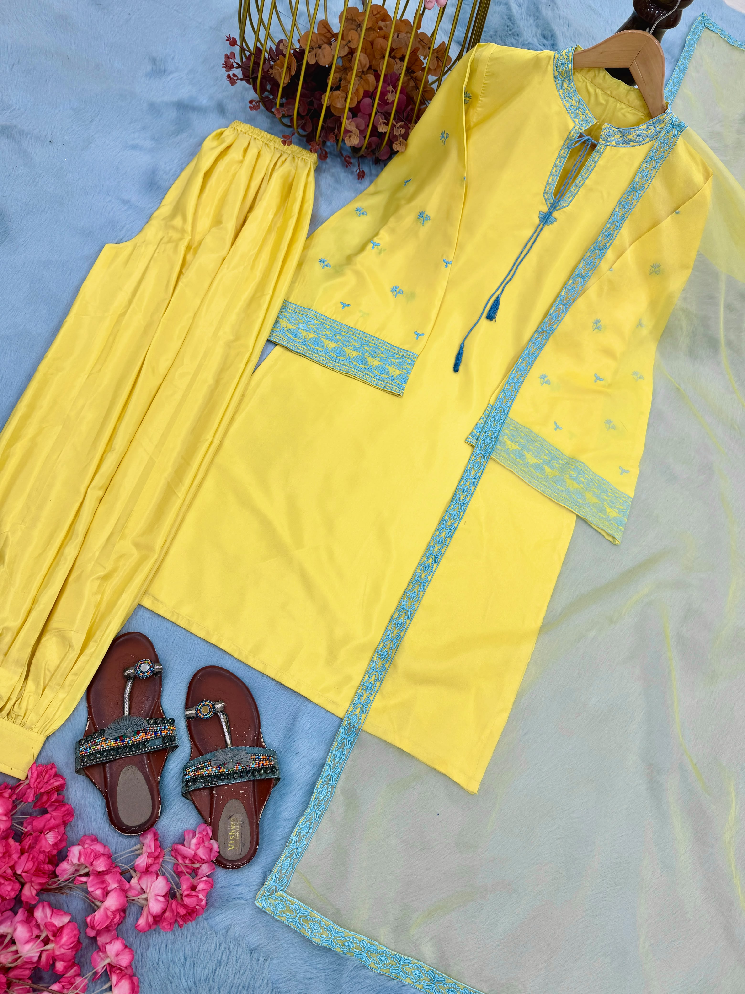New Designer Party Wear Look Pure Natural Crep Sillk Top & Balloon Pants With Dupatta Set
