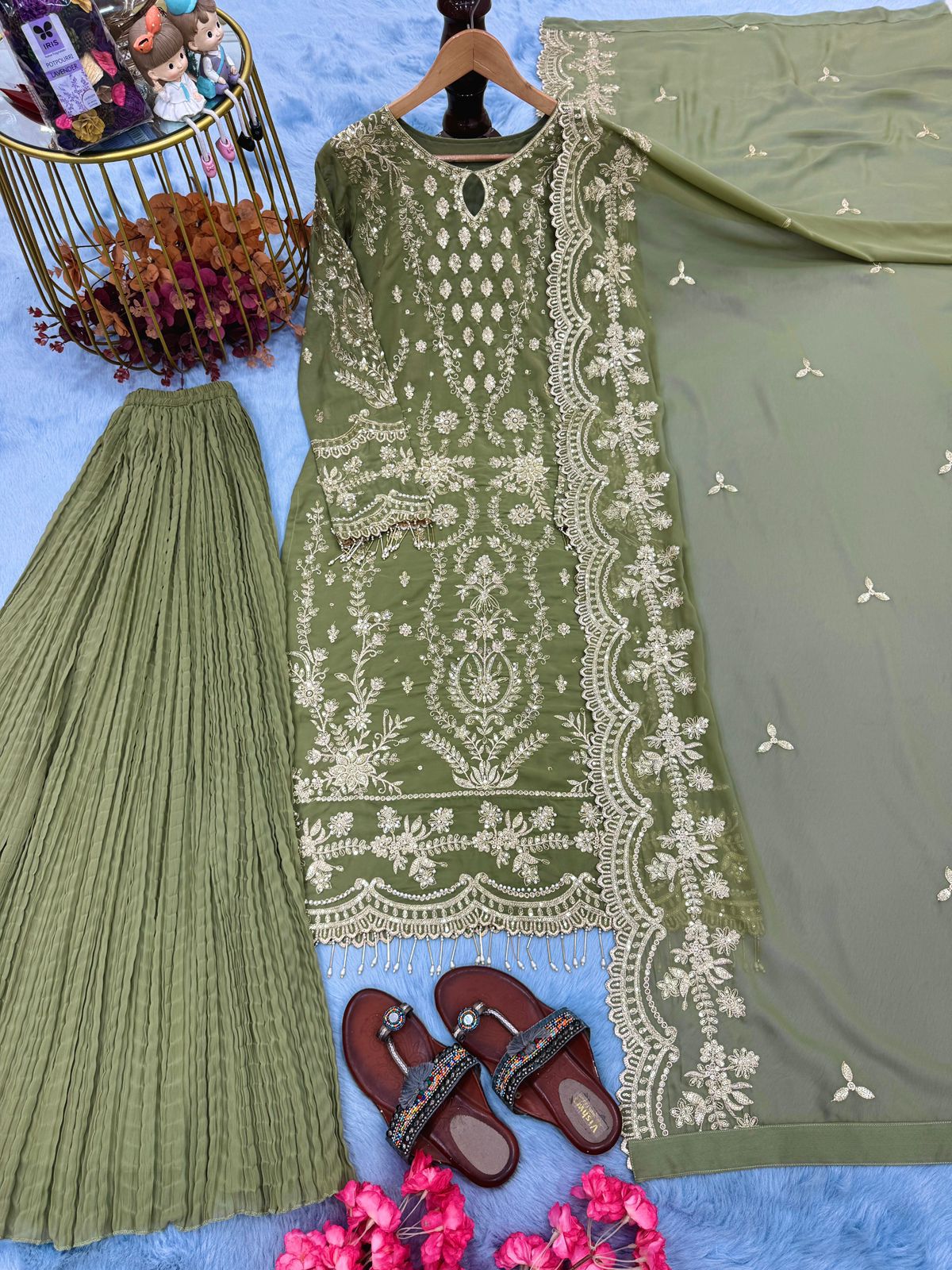 New Designer Party Wear Look Pure Heavy Faux Georgette Top Plazzo & Dupatta Set