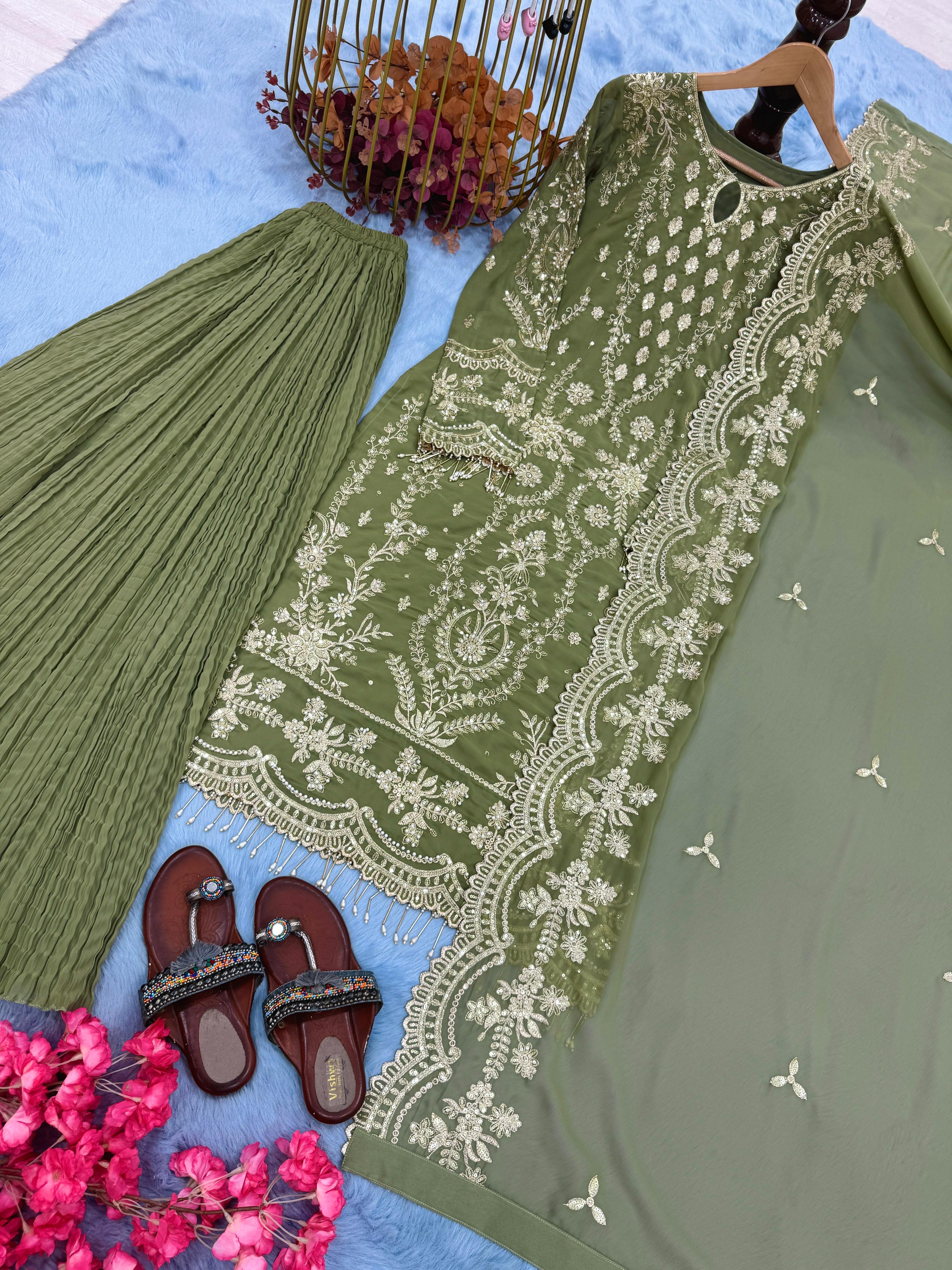 New Designer Party Wear Look Pure Heavy Faux Georgette Top Plazzo & Dupatta Set