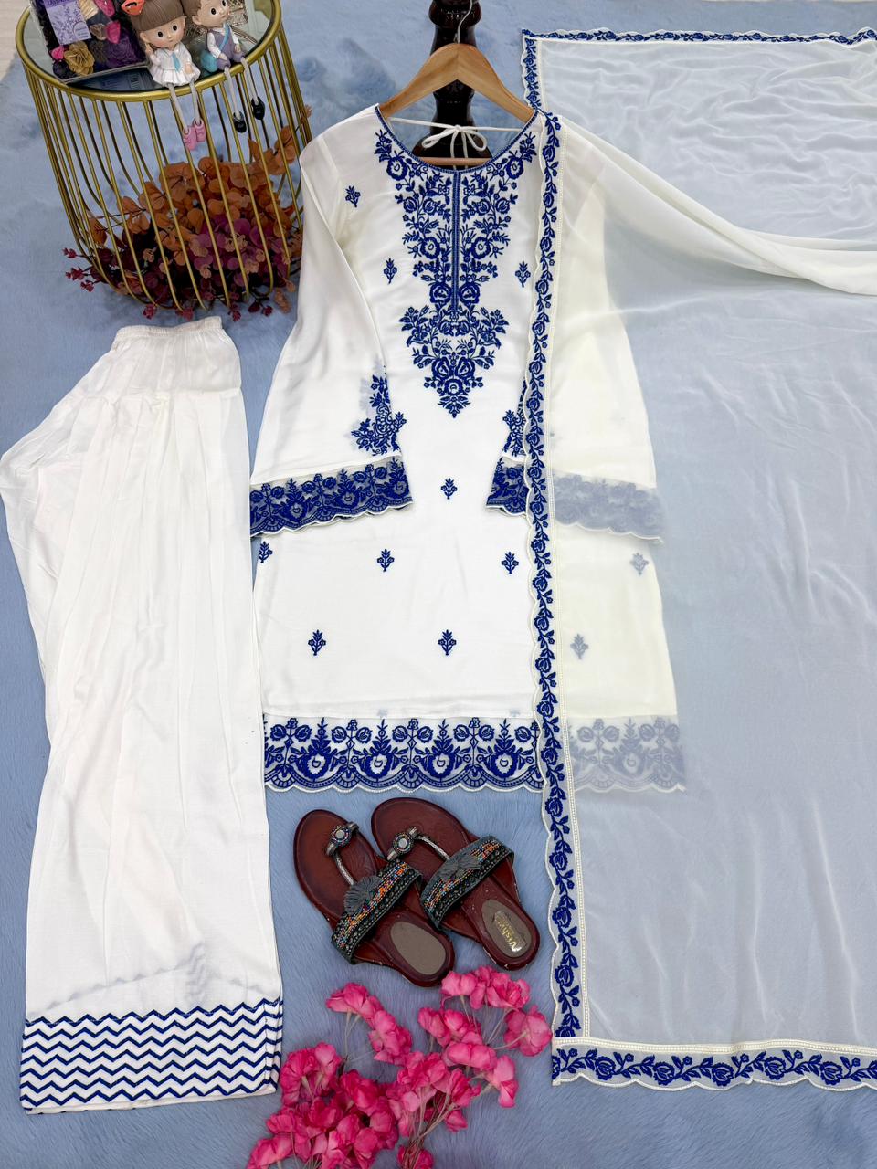 New Designer Party Wear Look Pure Rayon Cotton Top & Farshi Palazzo With Dupatta Set