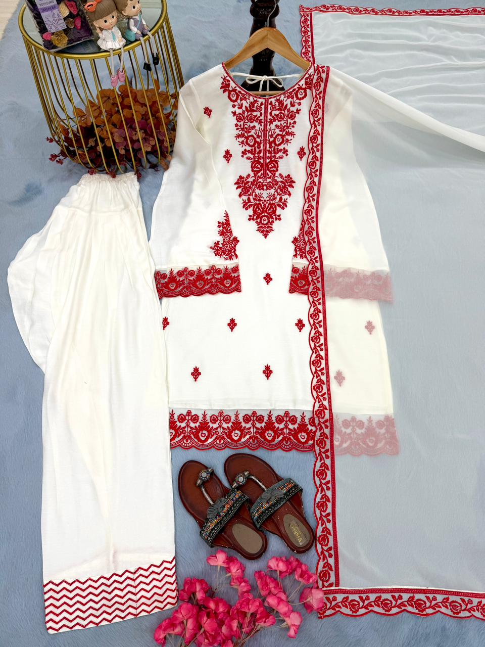 New Designer Party Wear Look Pure Rayon Cotton Top & Farshi Palazzo With Dupatta Set