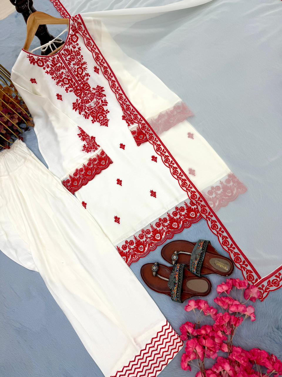 New Designer Party Wear Look Pure Rayon Cotton Top & Farshi Palazzo With Dupatta Set