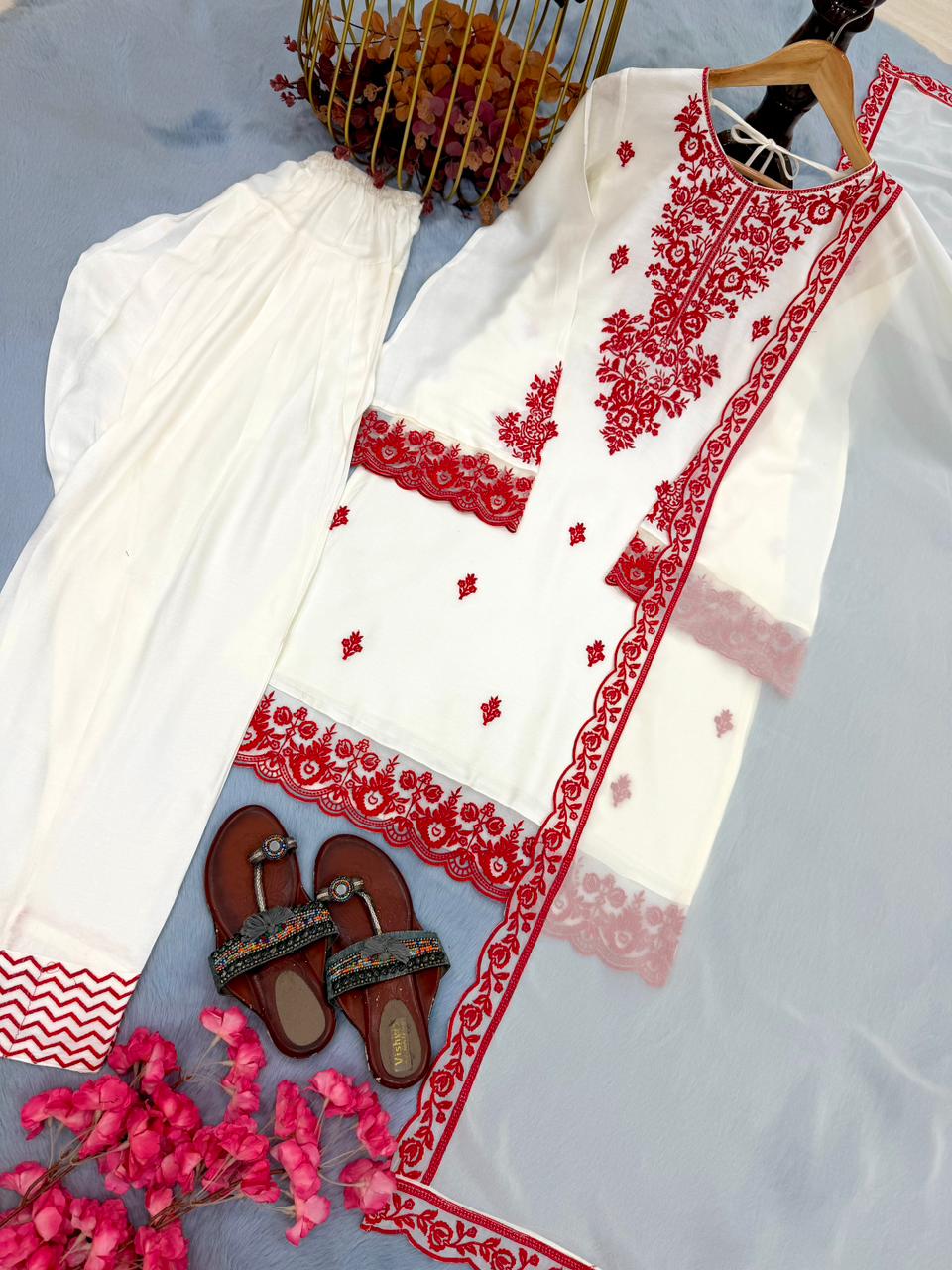 New Designer Party Wear Look Pure Rayon Cotton Top & Farshi Palazzo With Dupatta Set
