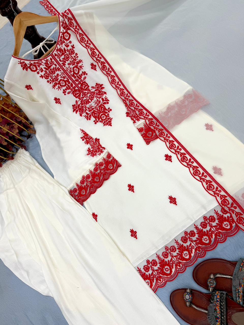 New Designer Party Wear Look Pure Rayon Cotton Top & Farshi Palazzo With Dupatta Set