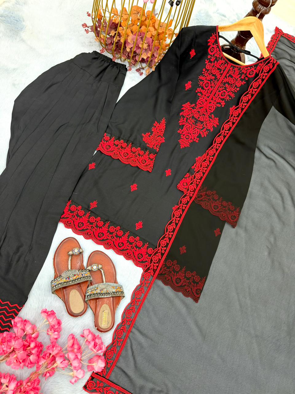 New Designer Party Wear Look Pure Rayon Cotton Top & Farshi Palazzo With Dupatta Set